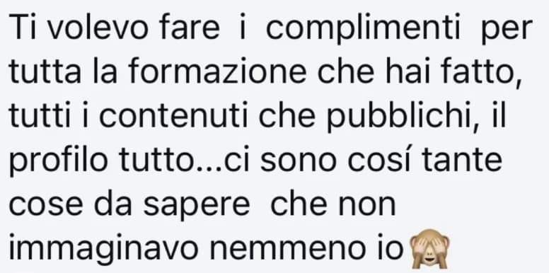 Screenshot del messaggio originale: complimenti per la formazione e i contenuti che pubblichi