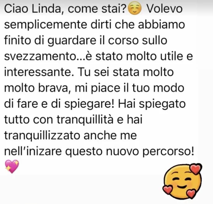 Screenshot del messaggio originale: il corso sullo svezzamento è stato molto utile, hai spiegato tutto con tranquillità