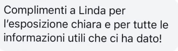 Screenshot del messaggio originale: complimenti per l'esposizione chiara e le informazioni utili