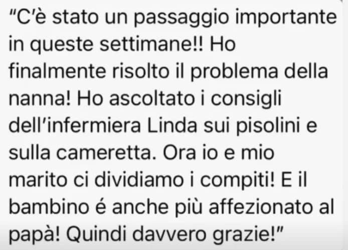 Screenshot del messaggio originale: ho finalmente risolto il problema della nanna grazie ai consigli dell'infermiera Linda