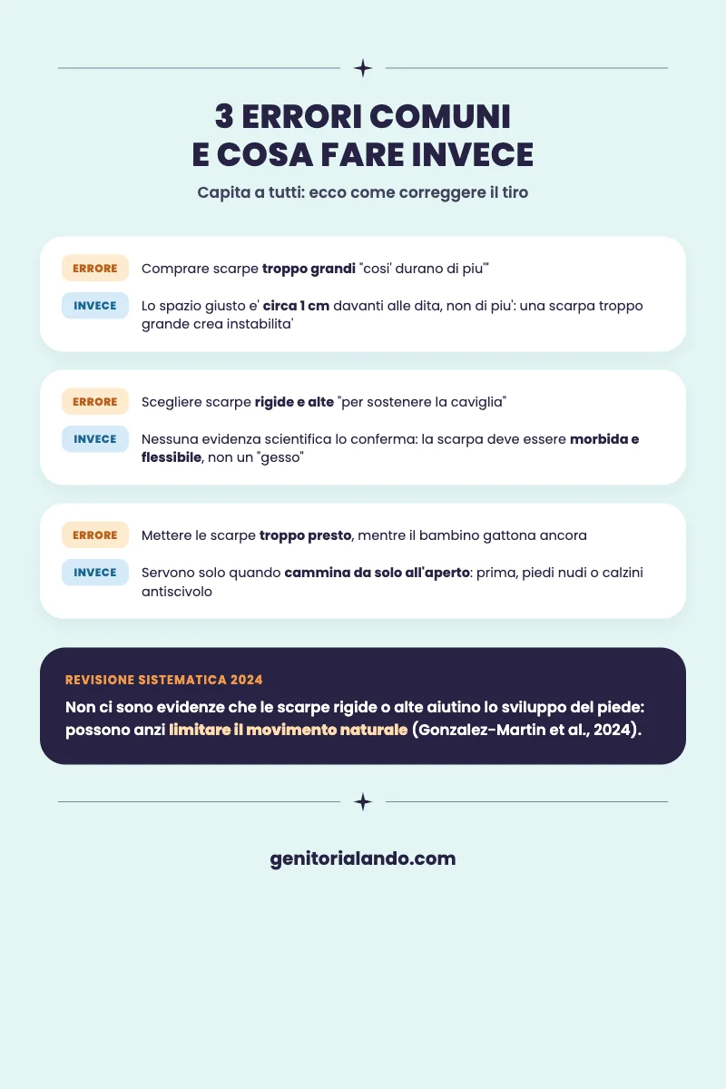 Infografica sui 3 errori più comuni nella scelta delle scarpe primi passi